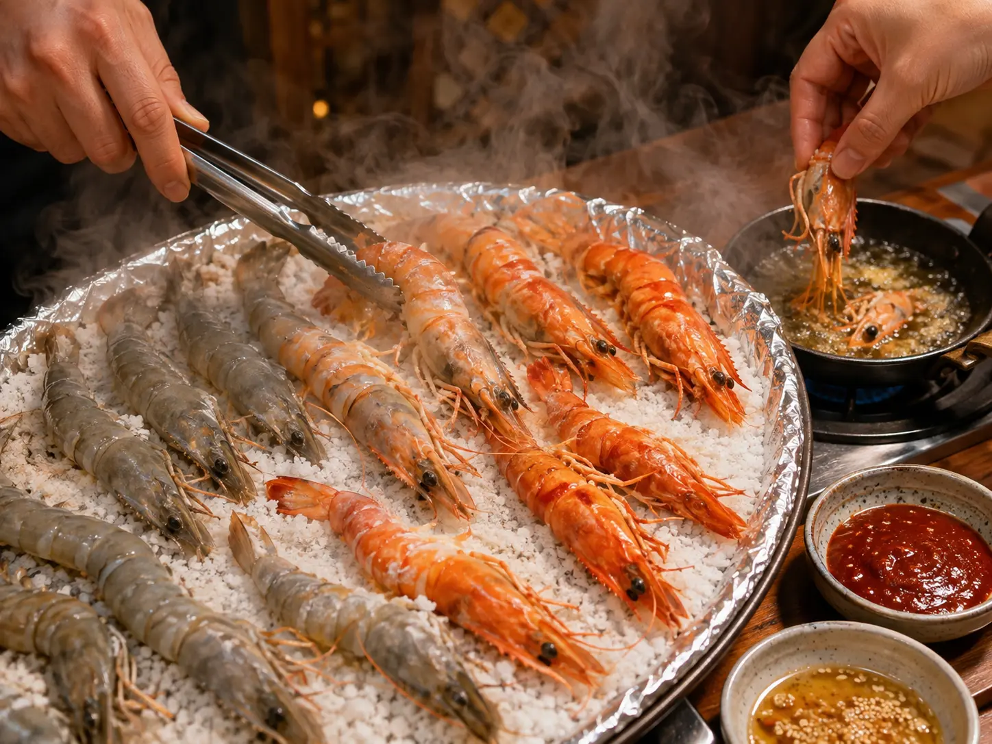 Daeha salt-grilled prawns served as a Korean autumn seafood dish