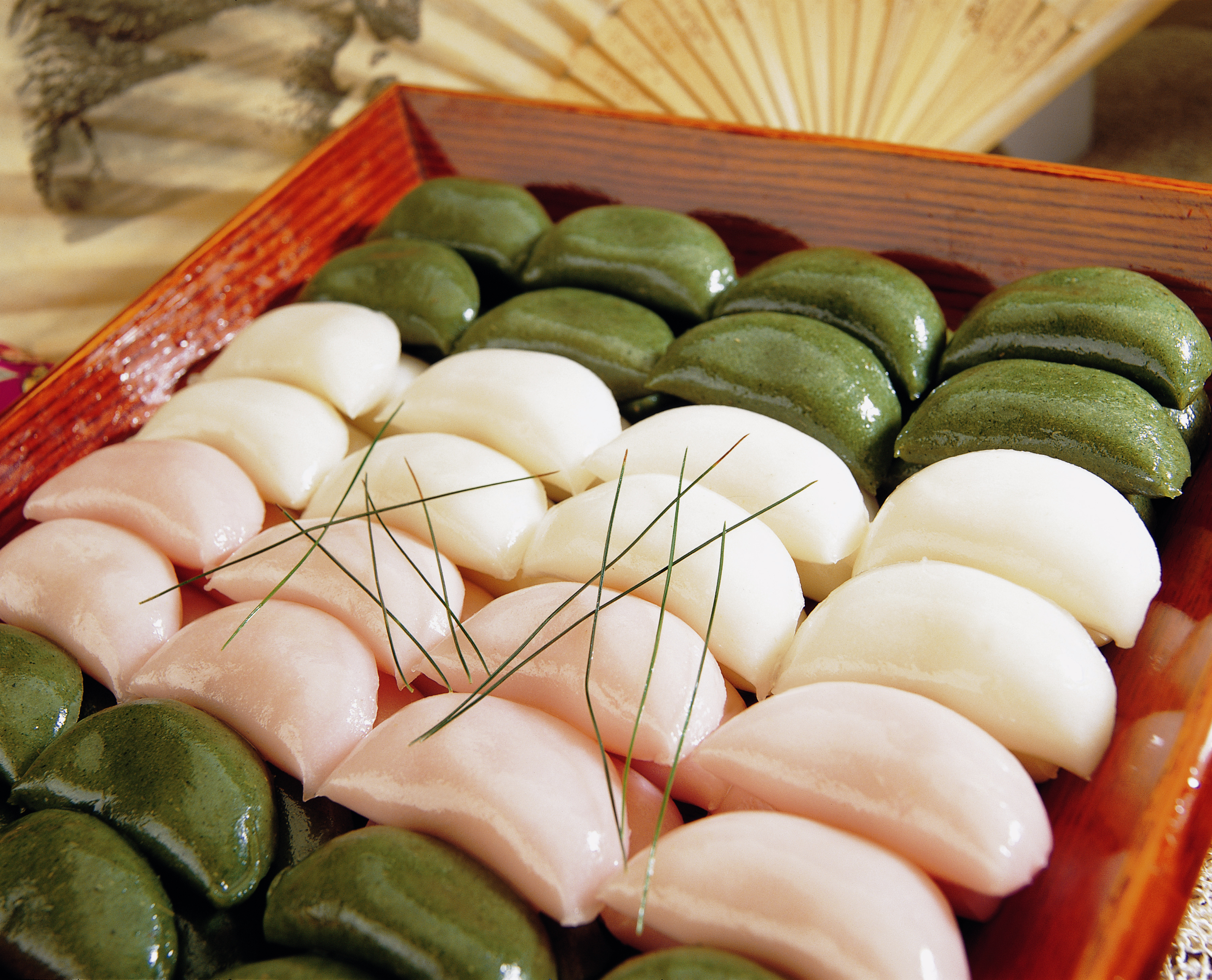 Colorful Korean songpyeon rice cakes traditionally eaten at Chuseok