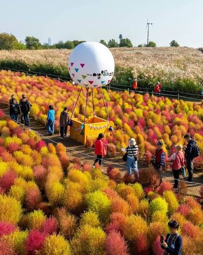 Walking path leading through Haneul Park in Seoul
