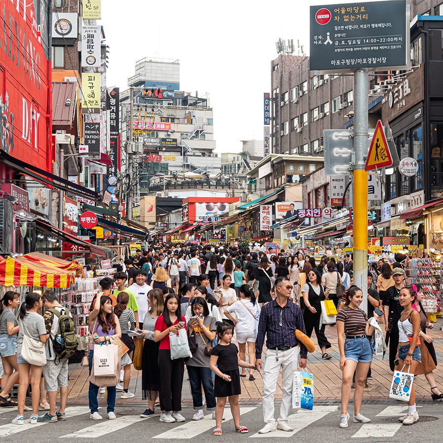 Hongdae at night at the end of a full Seoul one day itinerary